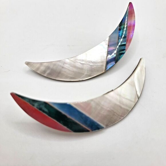 Mother of Pearl Abalone Inlay Moon Earrings Made in Phillipines 2.5in - Picture 1 of 4